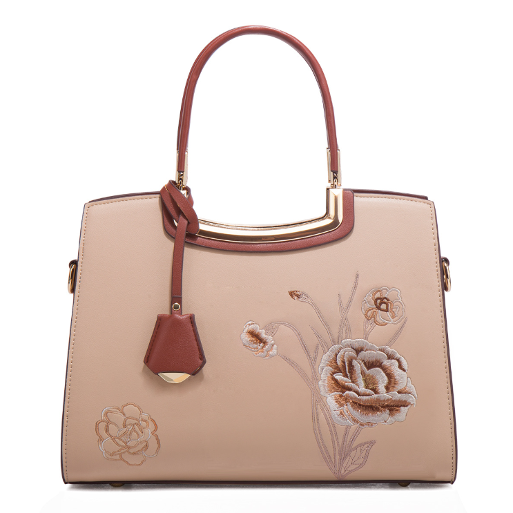 Ladies Elegant Burgundy Handbag with Floral Embroidery And Gold-Tone Hardware